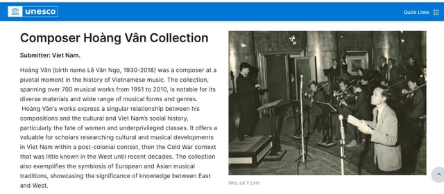 Sưu tập của Nhạc sĩ Hoàng Vân được UNESCO ghi danh Di sản tư liệu thế giới